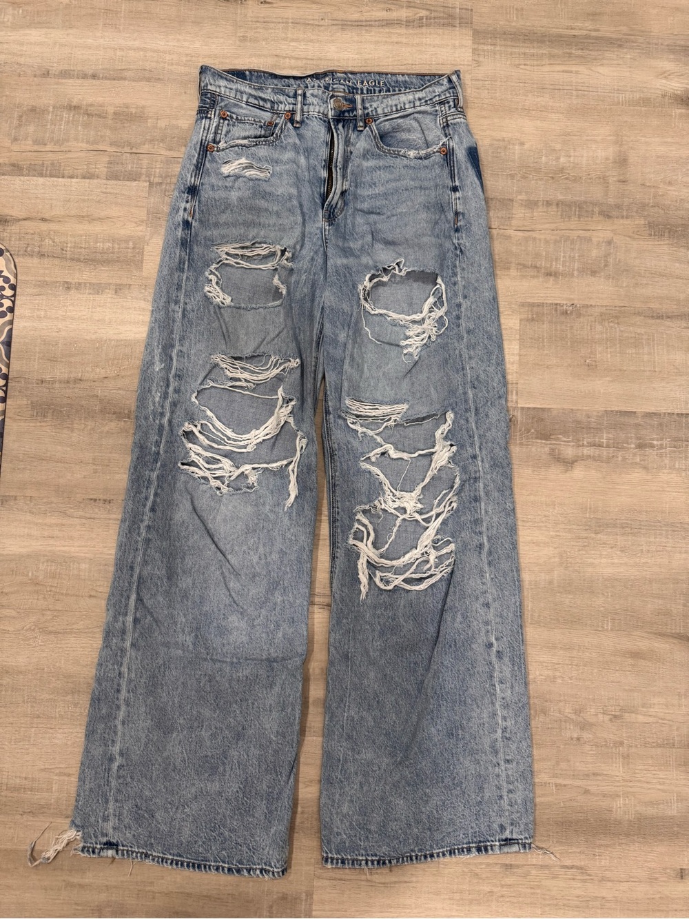 American Eagle Outfitters Distressed Light Blue Wide-Leg Jeans